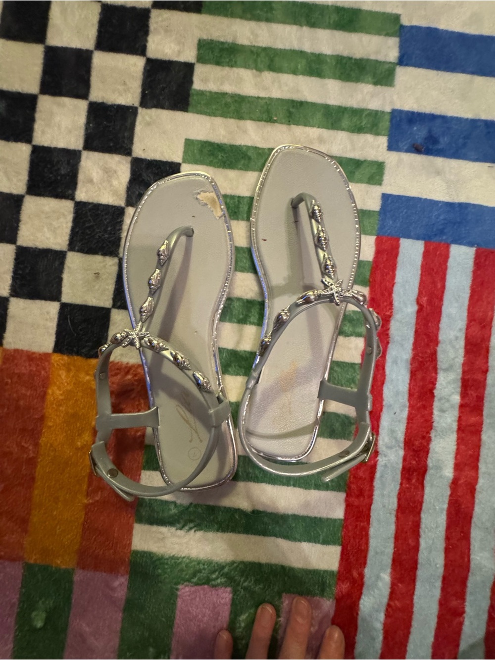 Silver Women’s T-Strap Sandals - Elegant Metallic Flat Sandal